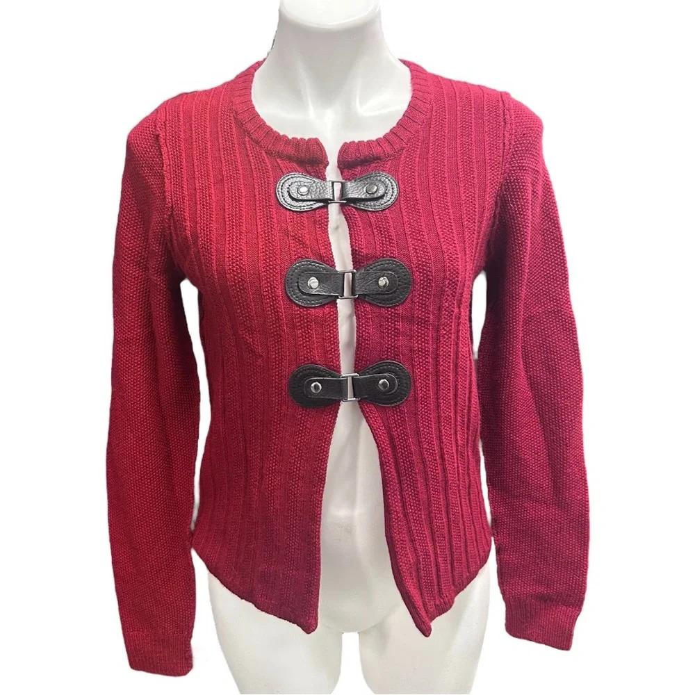 Tahari Cardigan Merino Wool Blend Buckle Snap Ribbed Christmas Holidays